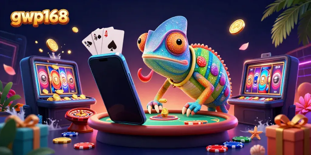 Mengumpulkan kemenangan dengan Hutan Kasino gwp168, chameleon pemilik kasino menangkap koin emas dan permainan slot.