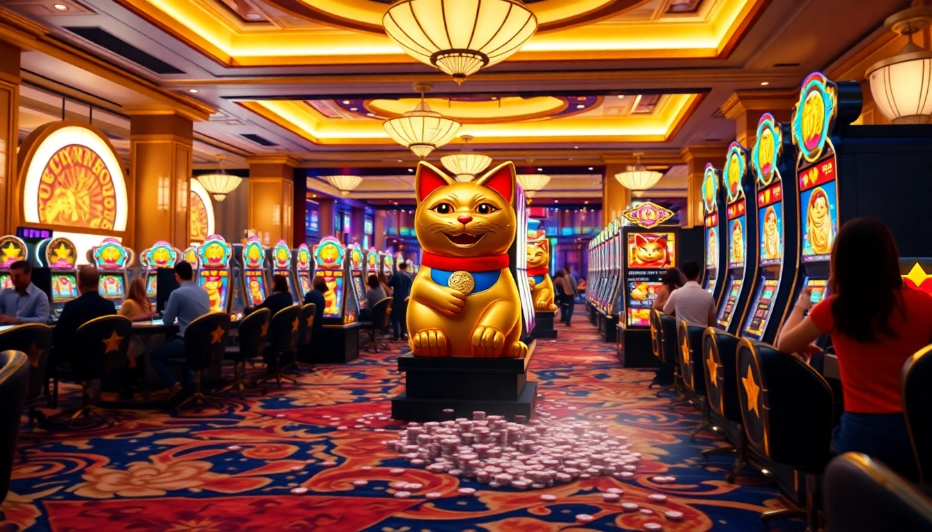 Players engaging with the Lucky Neko PG Soft Wilds on the Way slot machine in a vibrant casino.