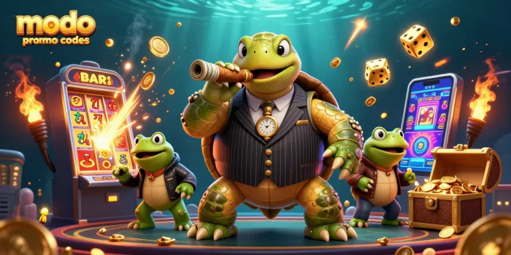 Experience exciting modo casino promo codes while enjoying a colorful 3D scene of a snapping turtle and frogs in a casino.