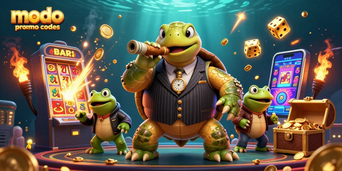 Experience exciting modo casino promo codes while enjoying a colorful 3D scene of a snapping turtle and frogs in a casino.