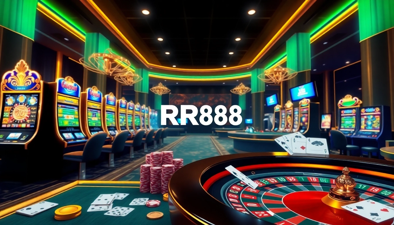 RR88 enhances your gaming experience at a luxurious online casino filled with vibrant slot machines and poker chips.