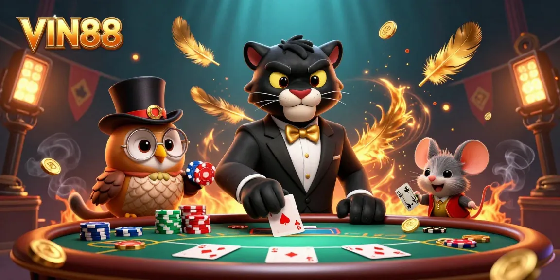 Experience the excitement of VIN88 as a stylish black panther deals cards amidst vibrant casino action.