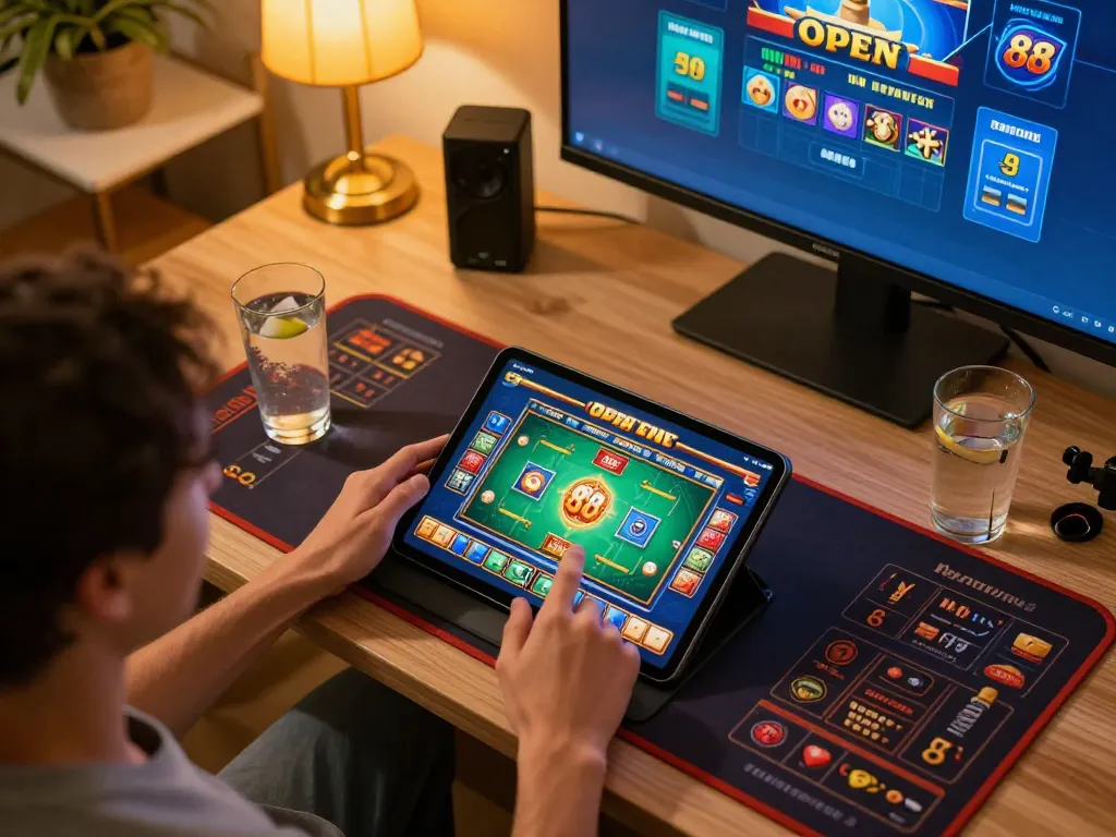 Engaging in thrilling gameplay on open 88 platform using tablet in a cozy home setup.
