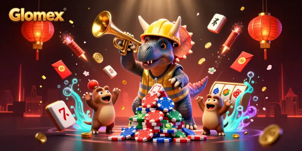 Join Glomex in a vibrant scene of gaming excitement with poker chips and festive elements.