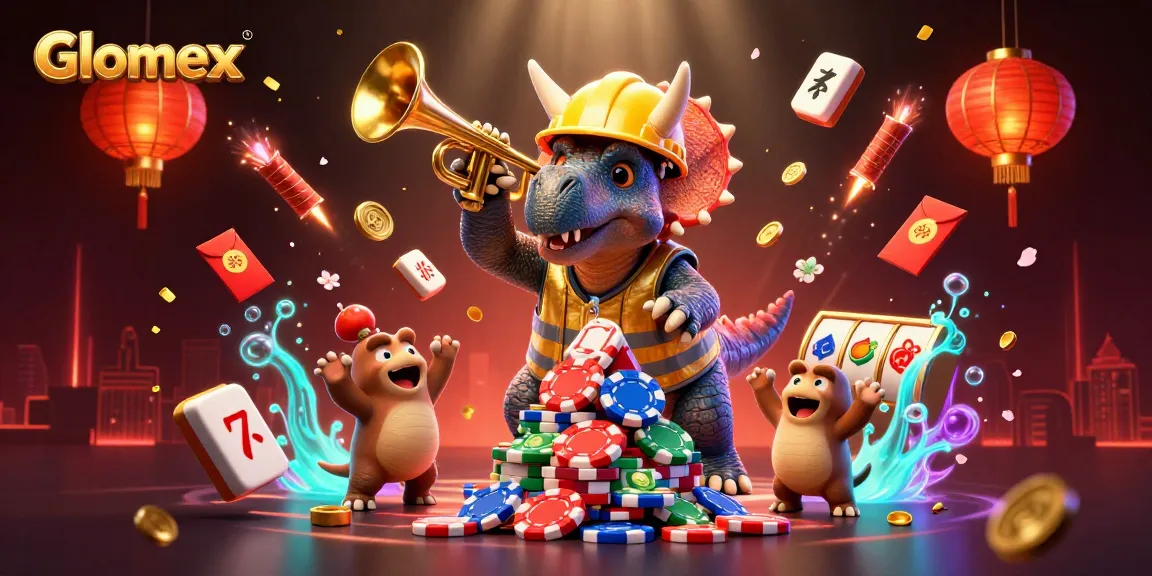 Join Glomex in a vibrant scene of gaming excitement with poker chips and festive elements.