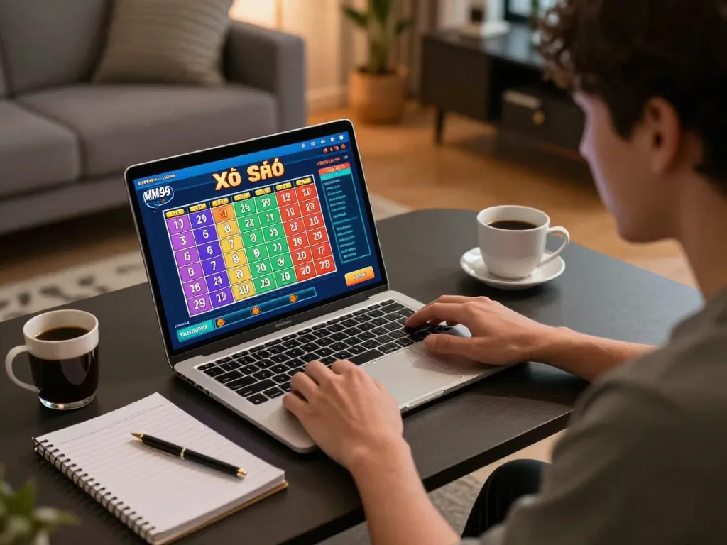 Xổ Số MM99 online lottery gameplay showcasing a player focused on betting strategies in a cozy home setting.
