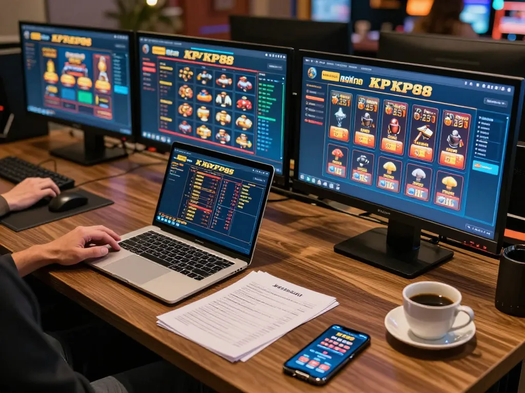 Engaging in strategic gameplay at KP88’s online casino platform with multiple screens displaying games and notes