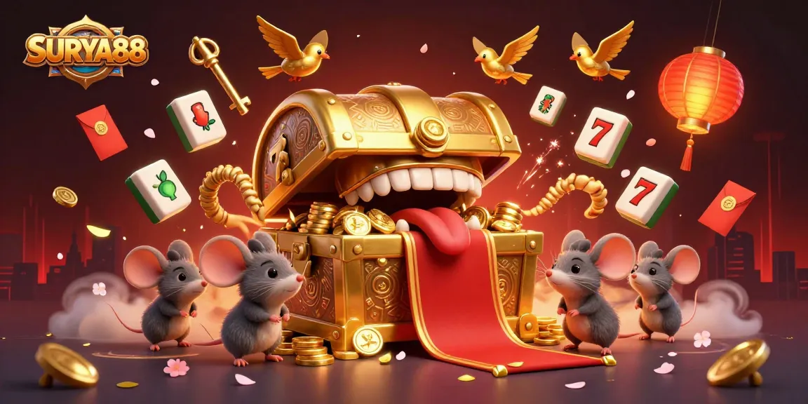 SURYA88 captivates players with an inviting treasure chest, surrounded by vibrant slot elements.