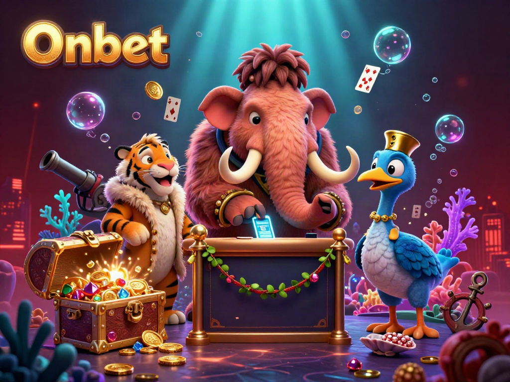 Experience thrilling strategies at Onbet with a vibrant casino scene featuring vivid characters.