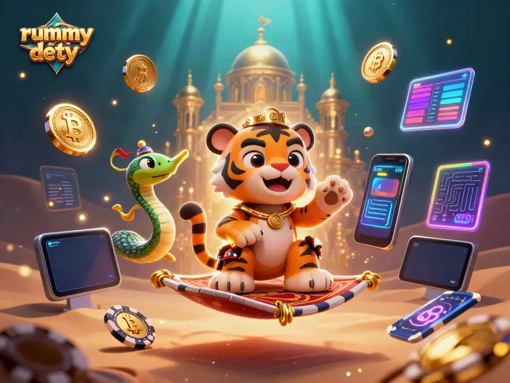 Rummy Deity menghadirkan sultan harimau kartun di karpet poker, menjelajahi kesempatan menang dalam permainan.