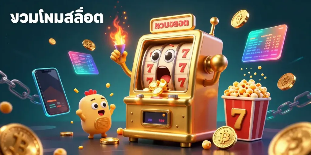Celebrate with top slot games at รวมเกมสล็อต, featuring lively cartoon slot machines and cryptocurrency elements.