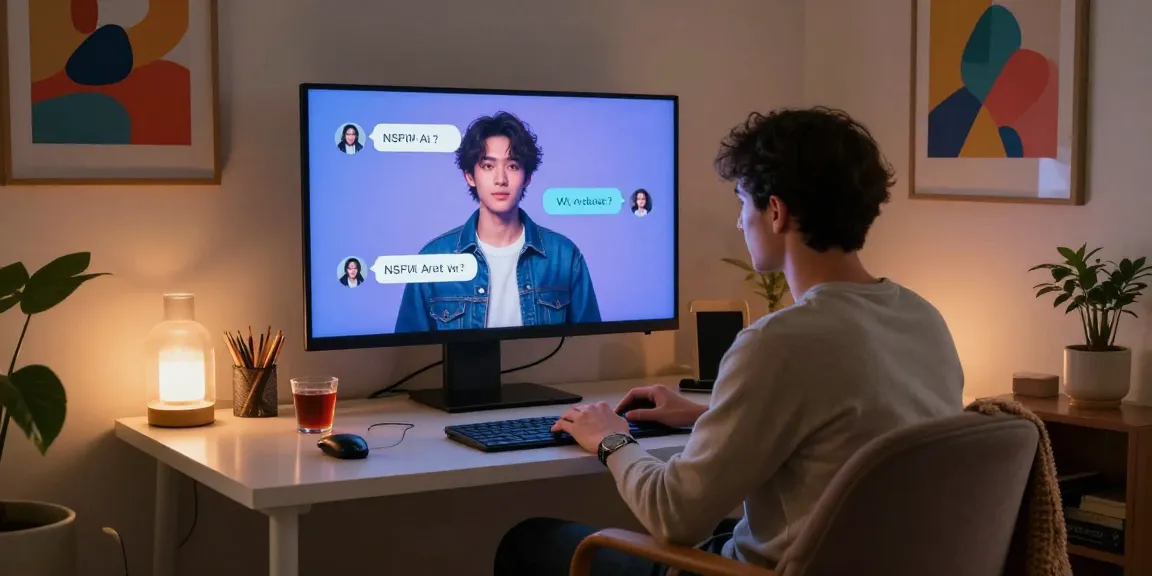 User engaging with an NSFW AI character in a cozy home workspace, showcasing modern technology and inviting atmosphere.