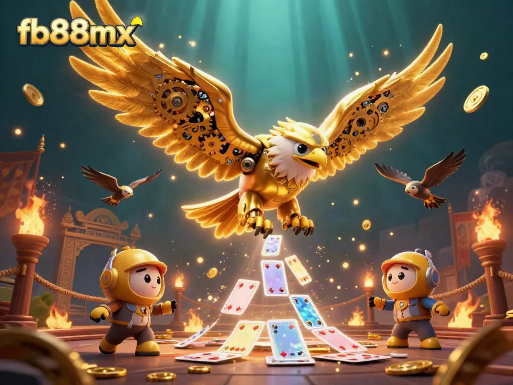 Experience thrilling casino adventures with fb88mx, featuring a cybernetic eagle diving through holographic cards.