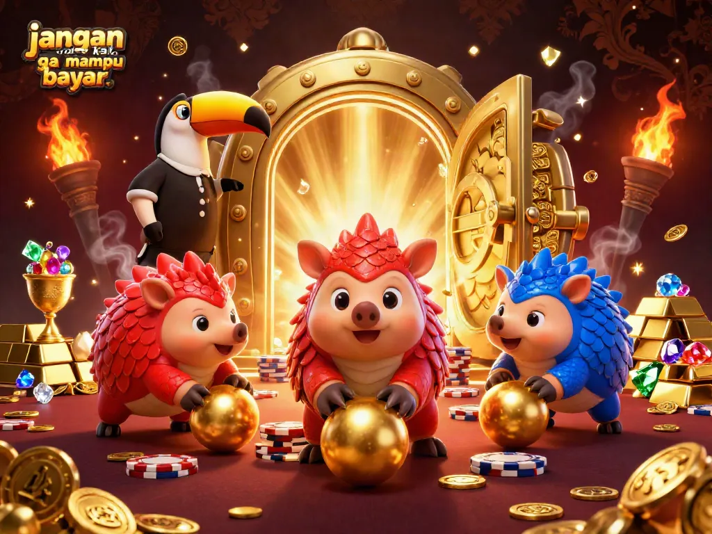 Engaging scene featuring rival pangolins in a lively arcade game setting, highlight on jangan order kalo ga mampu bayar.. concept.