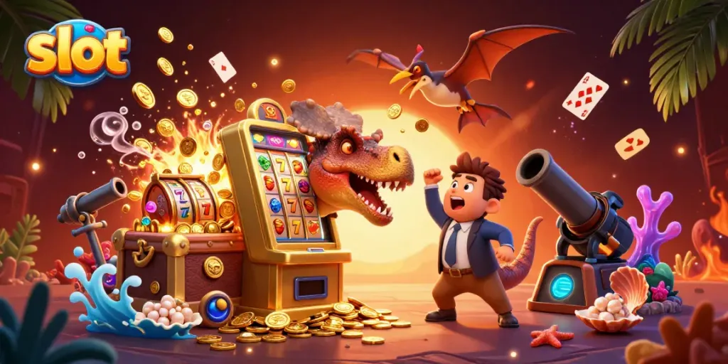Slot yang unik dan menghibur, menunjukkan dinosaurus dan mesin slot berkilau dalam kasino bawah laut.