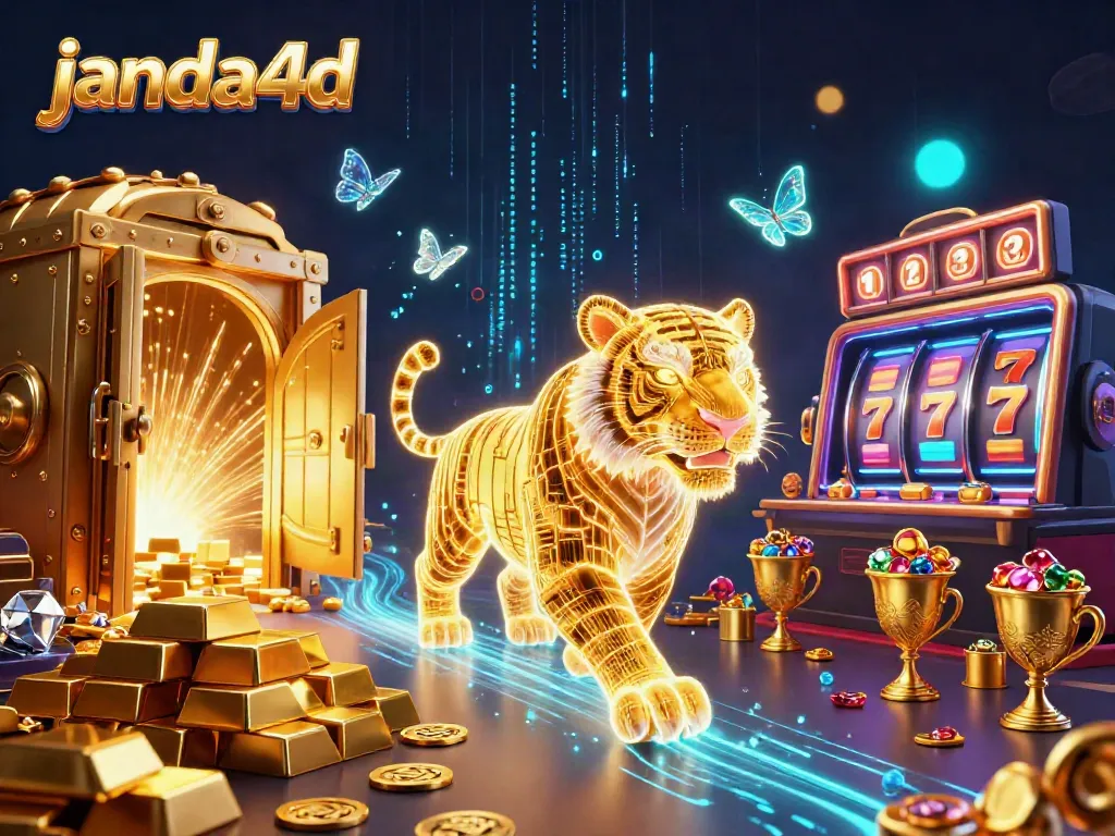 Gambarlah pengalaman judi menarik di janda4d dengan harimau emas 3D dan elemen kasino yang berkilauan.