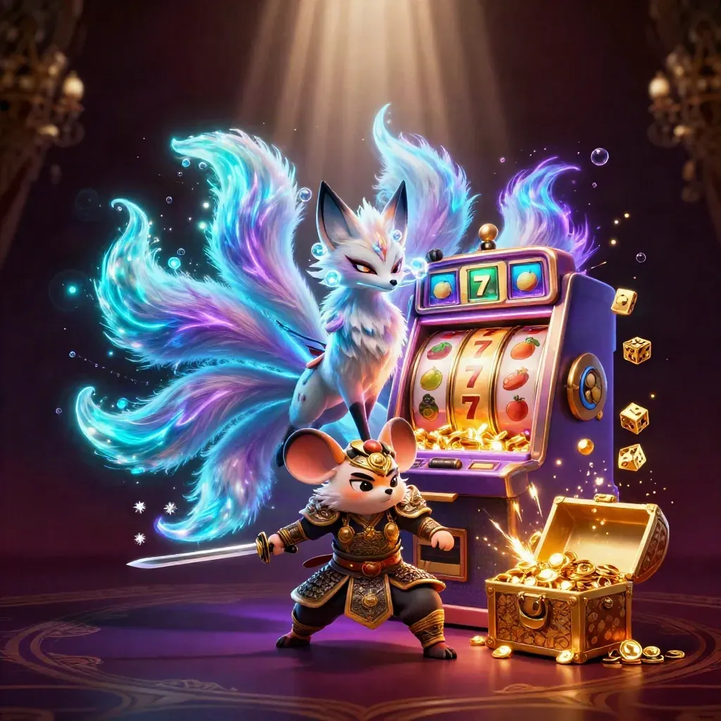Nine-tailed fox spirit and samurai mouse amid exploding slot reels, gold, and neon god-rays.