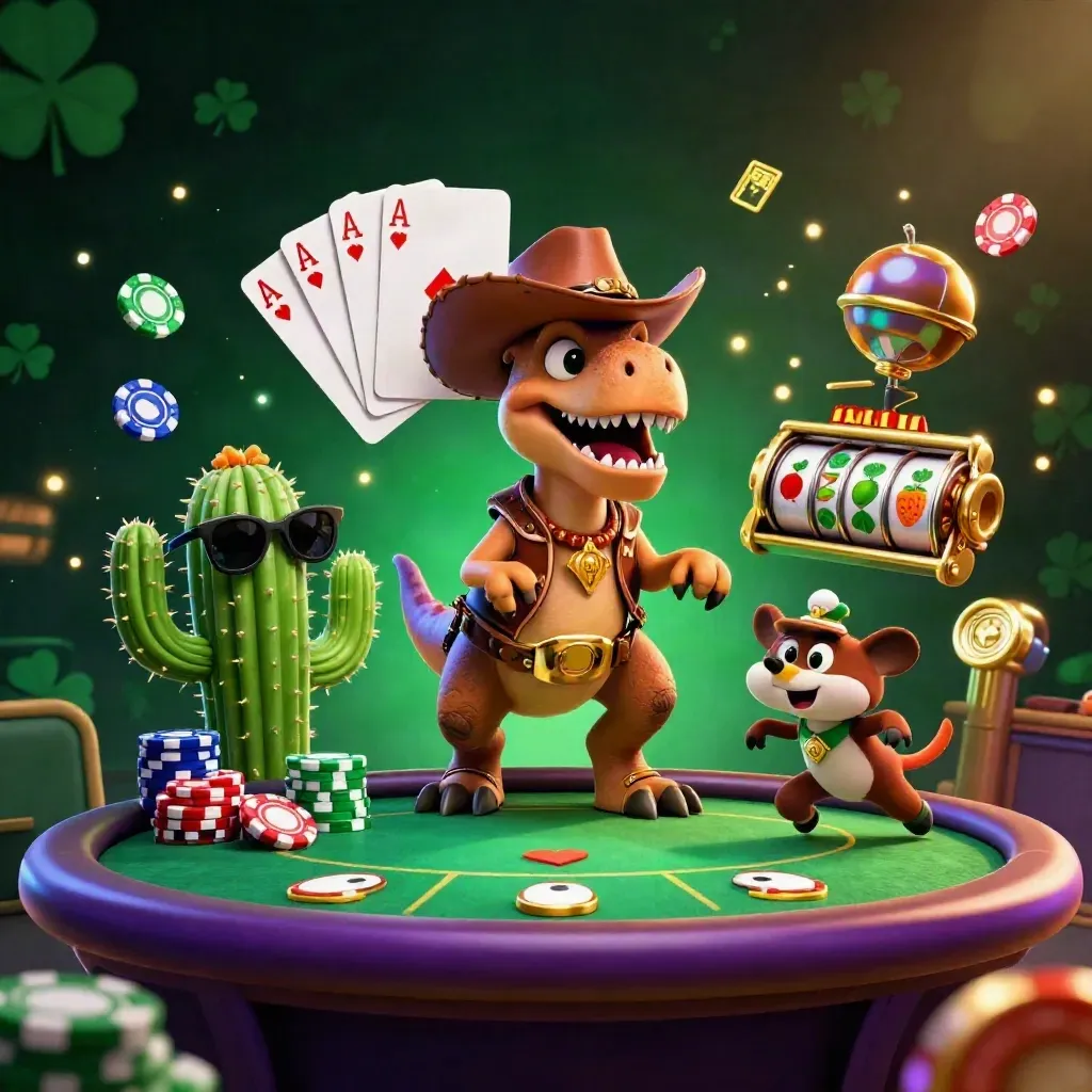 Cartoon T-Rex, cactus, and roadrunner at a glowing casino poker showdown
