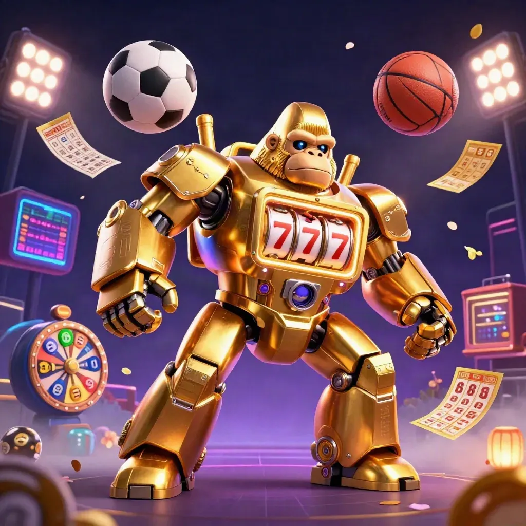 Golden gorilla mech with slot reels, monkey pilot, soccer ball and lottery props in neon casino light