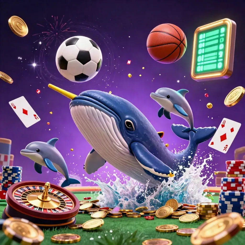 Whale captain, narwhal, and dolphins amid coins, cards, chips, ball, and fireworks in neon casino glow.