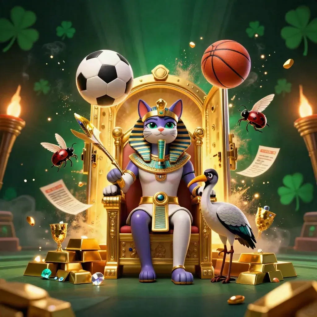 Pharaoh cat, ibis, and scarabs burst through a glowing vault with balls and gold in a luxe casino scene.