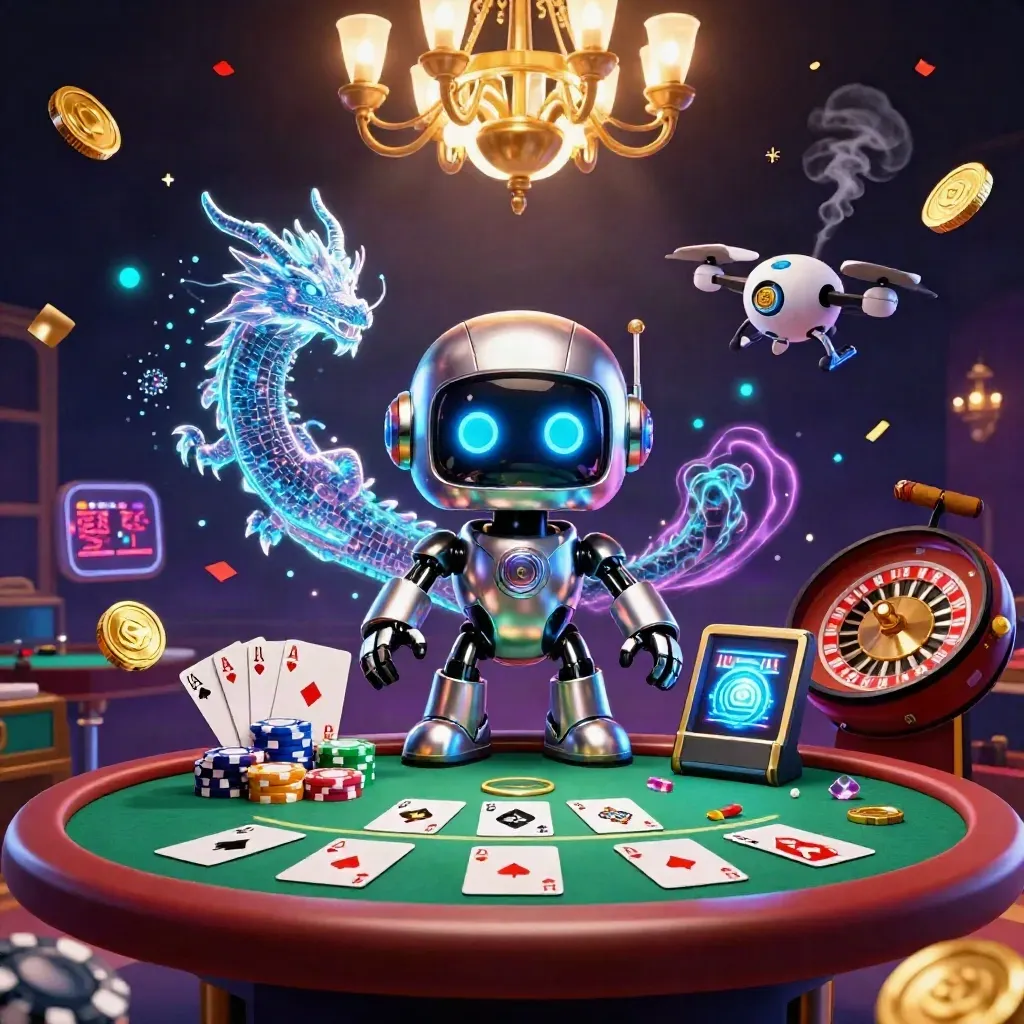 Robot, dragon and drone amid casino chips, cards, fireworks and purple-gold lighting.
