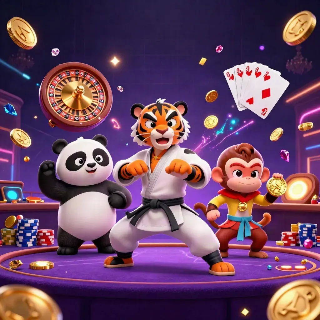 Tiger, panda, and monkey casino heroes amid coins, roulette, chips, and neon casino glow.