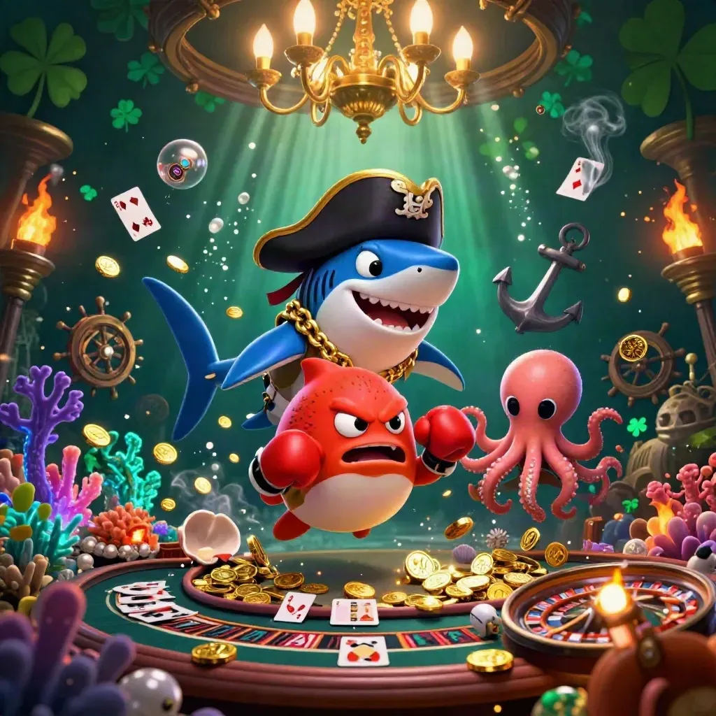 Pirate shark, red pufferfish, and baby octopus in a glowing treasure cove with casino props