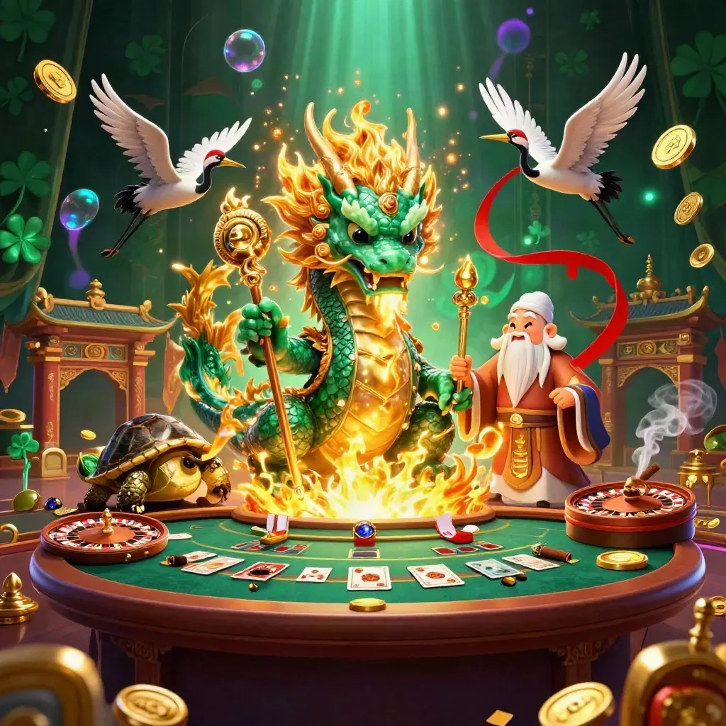 Emerald dragon, turtle sage and cranes amid casino relics, fire, brass, and glowing gems.
