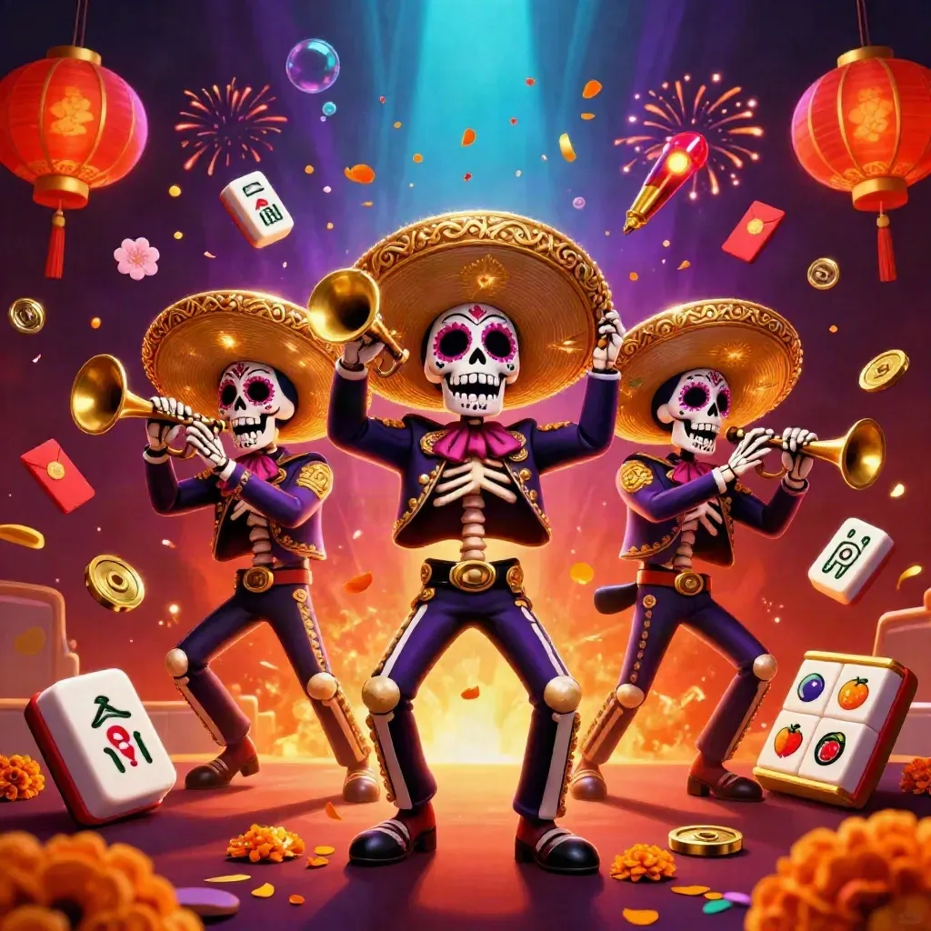 Skeleton mariachi trio amid casino symbols, lanterns, coins, petals, and glowing embers.