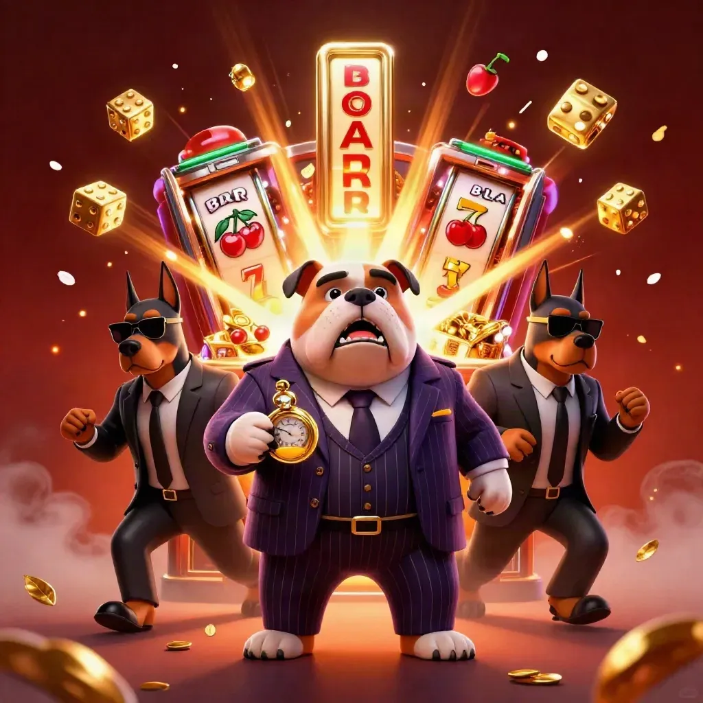 Bulldog boss and Doberman guards amid exploding slot machine, gold, runes, ember glow