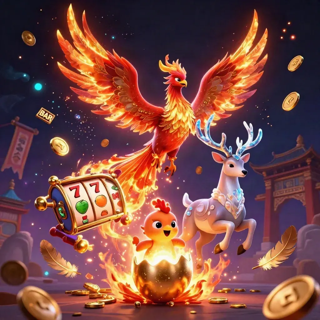 Phoenix, hatchling, and crystal stag amid coins, reels, fireworks, and a dark casino glow.