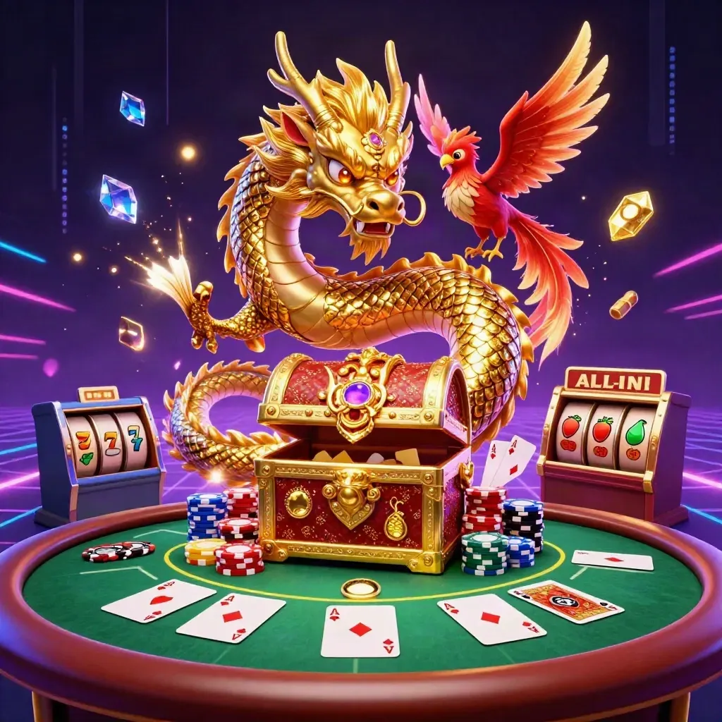 Golden dragon, phoenix, koi, cards and chips explode in a neon casino treasure scene.