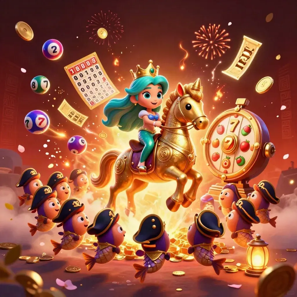 Mermaid princess on armored seahorse amid casino prizes, coins, fireworks, and glowing vault energy
