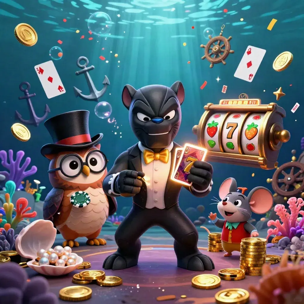 Panther, owl, and mouse amid coins, coral, fireworks, and slot reels in a luxe underwater casino scene.