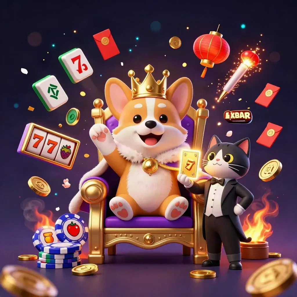 Royal corgi and cat butler amid coins, lanterns, fireworks, and casino symbols