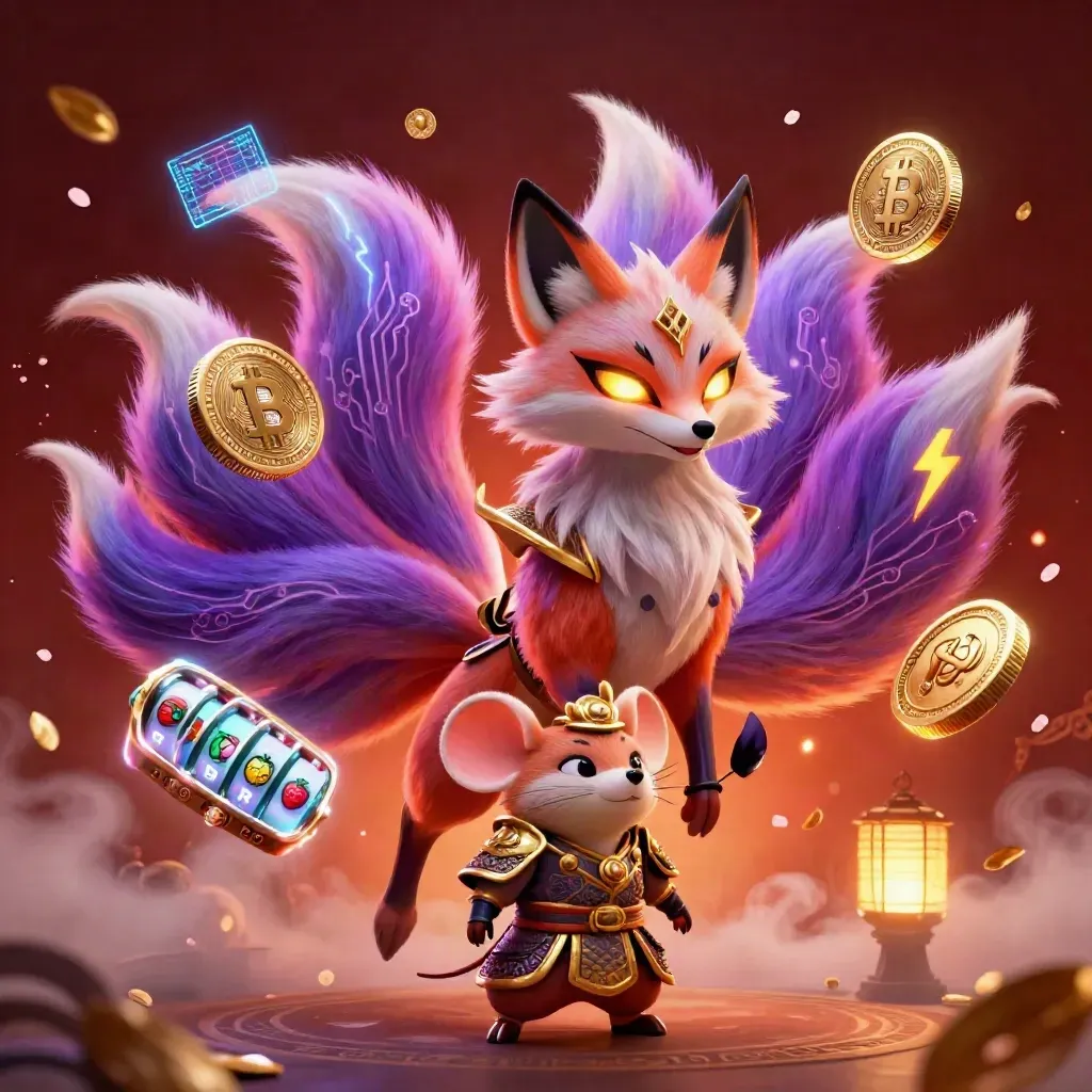 Nine-tailed fox spirit and armored mouse amid casino glyphs, coins, reels, ember glow.