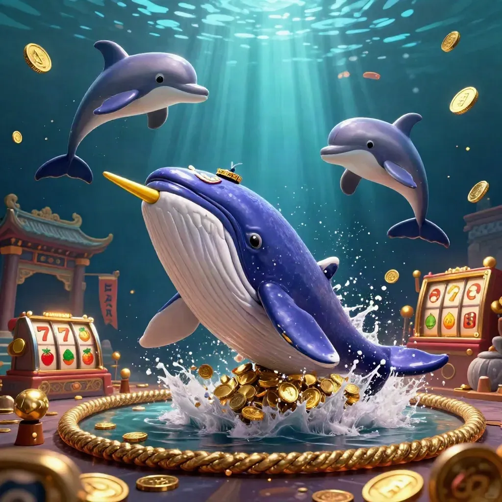 Captain whale, narwhal, and dolphins burst through coins in a luxe casino underwater scene.