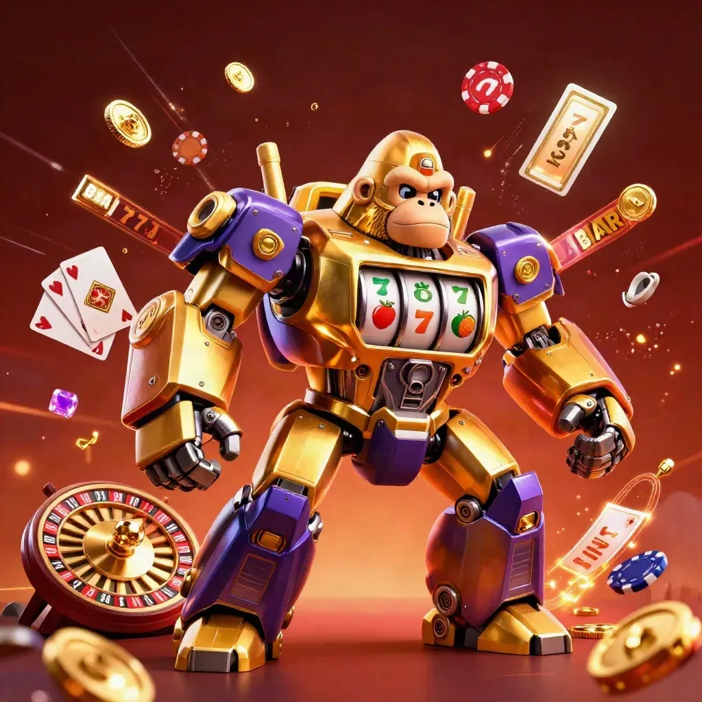 Golden gorilla slot-mech with monkey pilot, coins, chips, cards, roulette wheel, and neon casino energy.