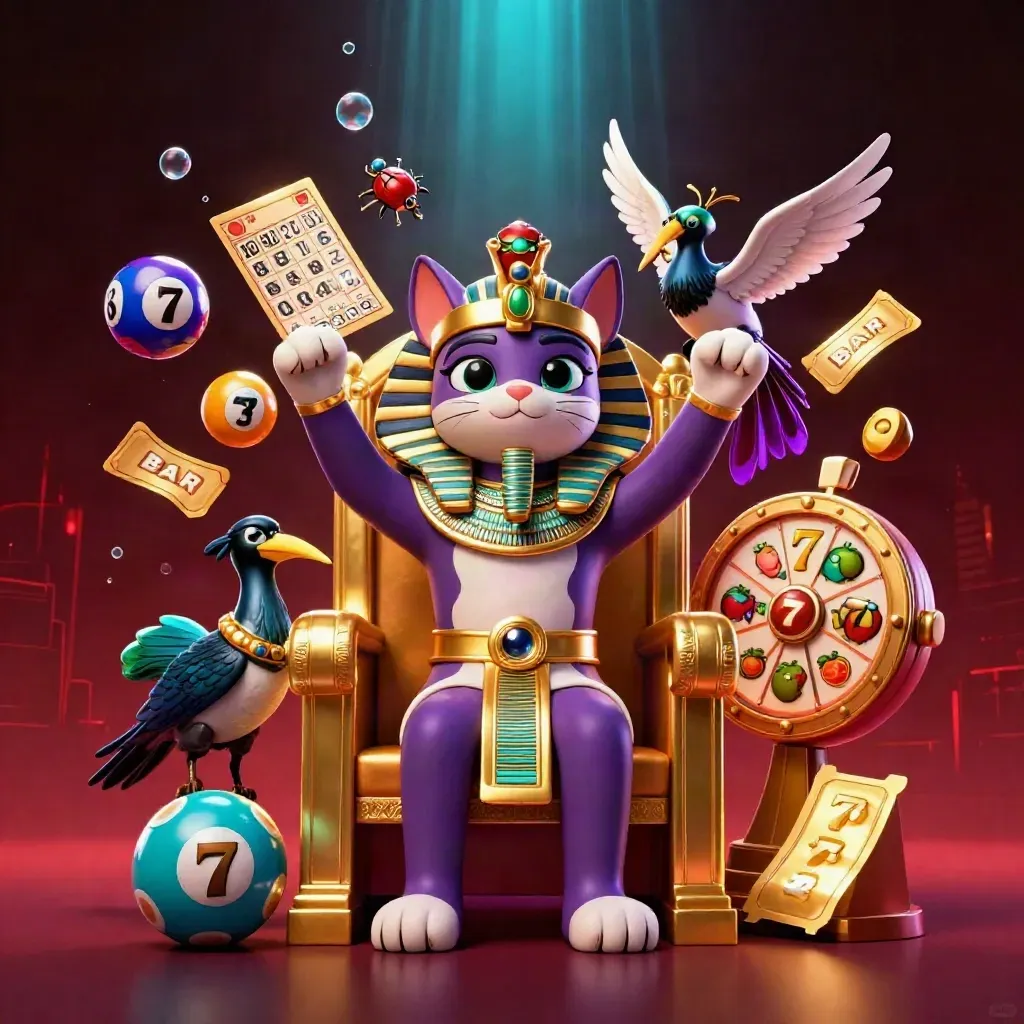 Pharaoh cat on a golden throne with ibis scribe, scarabs, lottery balls, and casino symbols.