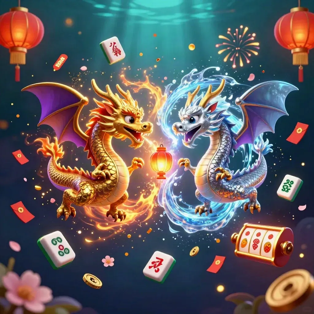 Two intertwined dragons form a yin-yang with casino symbols and glowing lights.