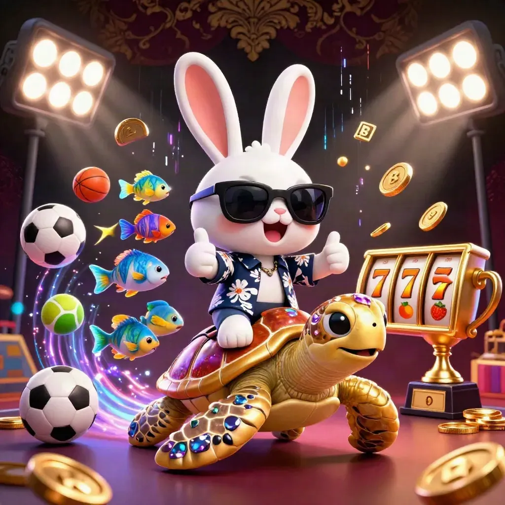 Cartoon lucky rabbit rides a gem turtle through casino lights, coins, reels, and trophies.