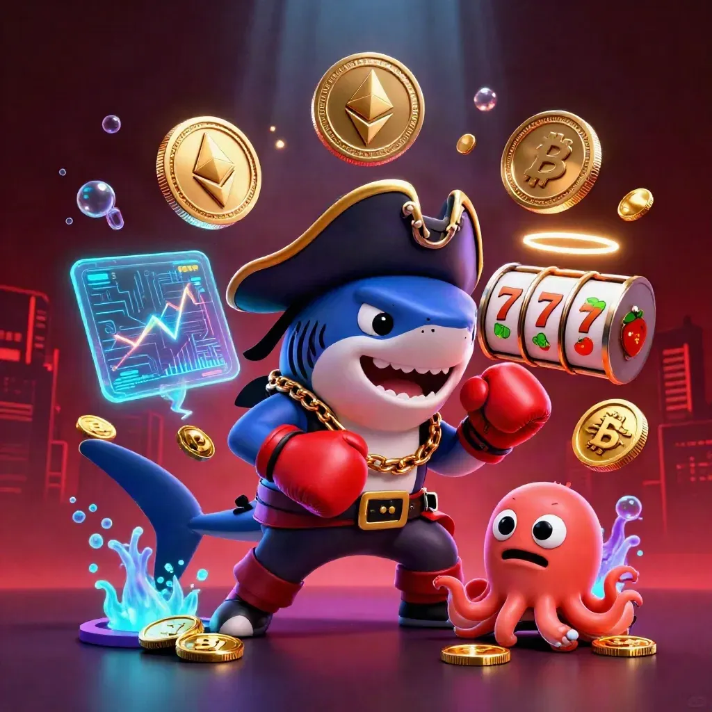 Pirate shark, boxing pufferfish, and coin-juggling octopus amid neon casino effects.