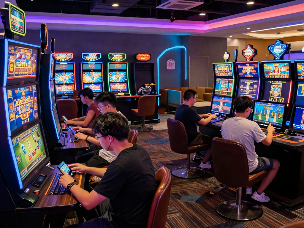 Players enjoying A80 online gaming platform with vibrant lighting and interactive tables.