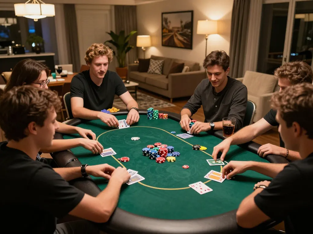 Engaging poker night showcasing link slot strategies with friends in a cozy home setting