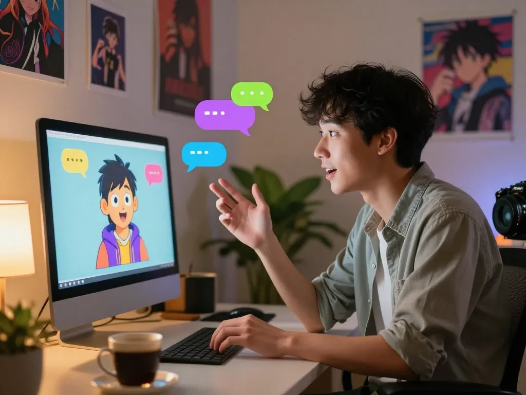 Interactive ai chat nsfw scene showing user engaged with vibrant AI character on computer screen in cozy workspace.