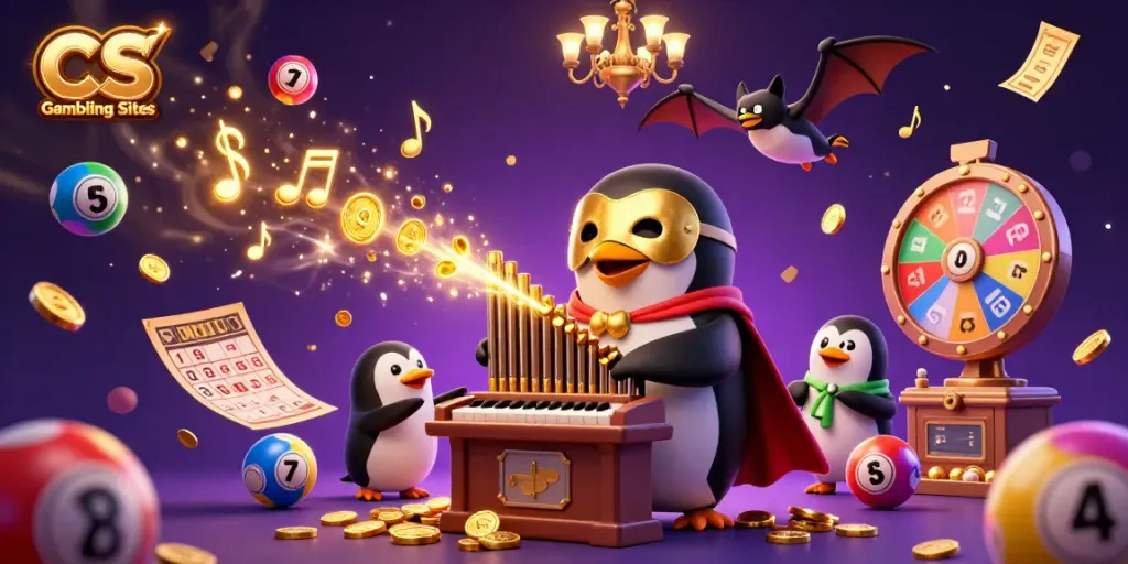 Celebrate wins with CS Gambling Sites as a penguin plays an organ shooting gold coins, vibrant colors and elements.