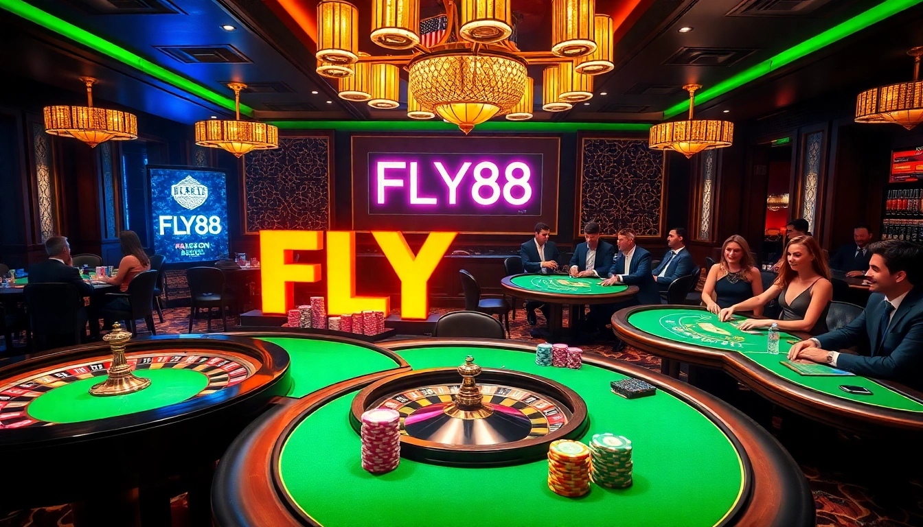 Experience luxury gambling with FLY88 at vibrant casino tables featuring poker chips and roulette wheels.