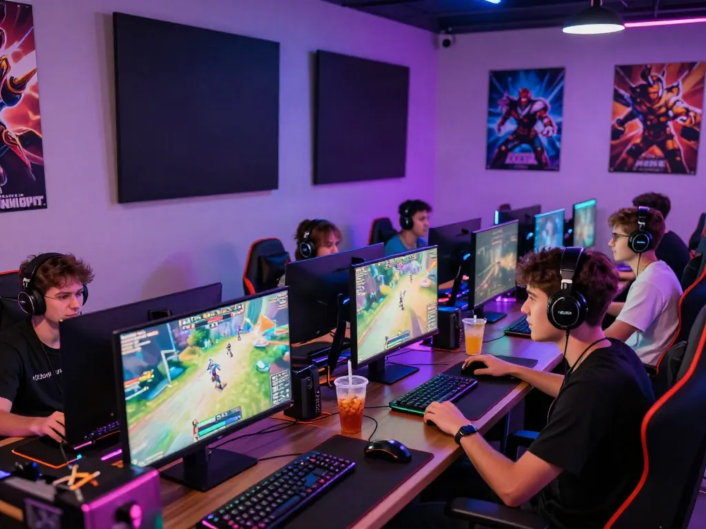 Akunjp gaming lounge with players enjoying online games and vibrant atmosphere.