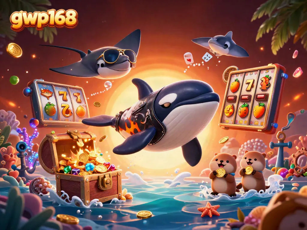 Dalam gambar gwp168, ikan orca memberikan aksi luar biasa di kasino, dikelilingi harta karun dan simbol permainan.